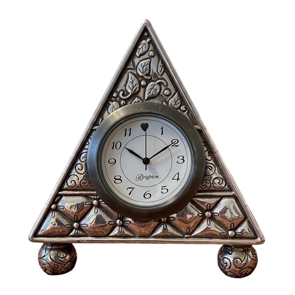 Brighton Silver Tone Triangular Desk Clock Embossed Floral Heart Scroll Ornate